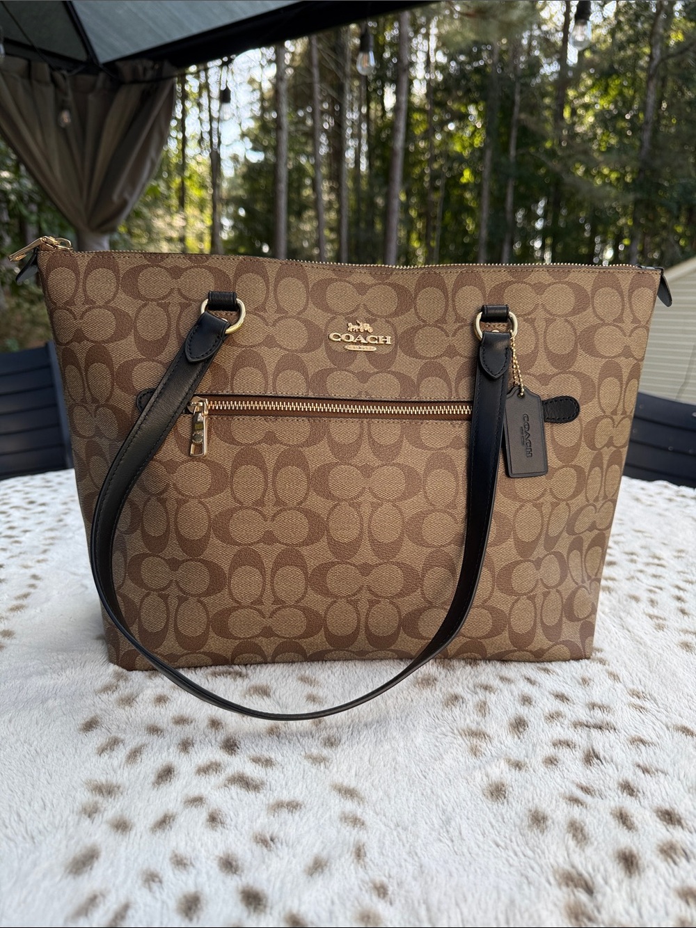 Coach Gallery Brown Signature Canvas Tote Bag with Black Leather Straps